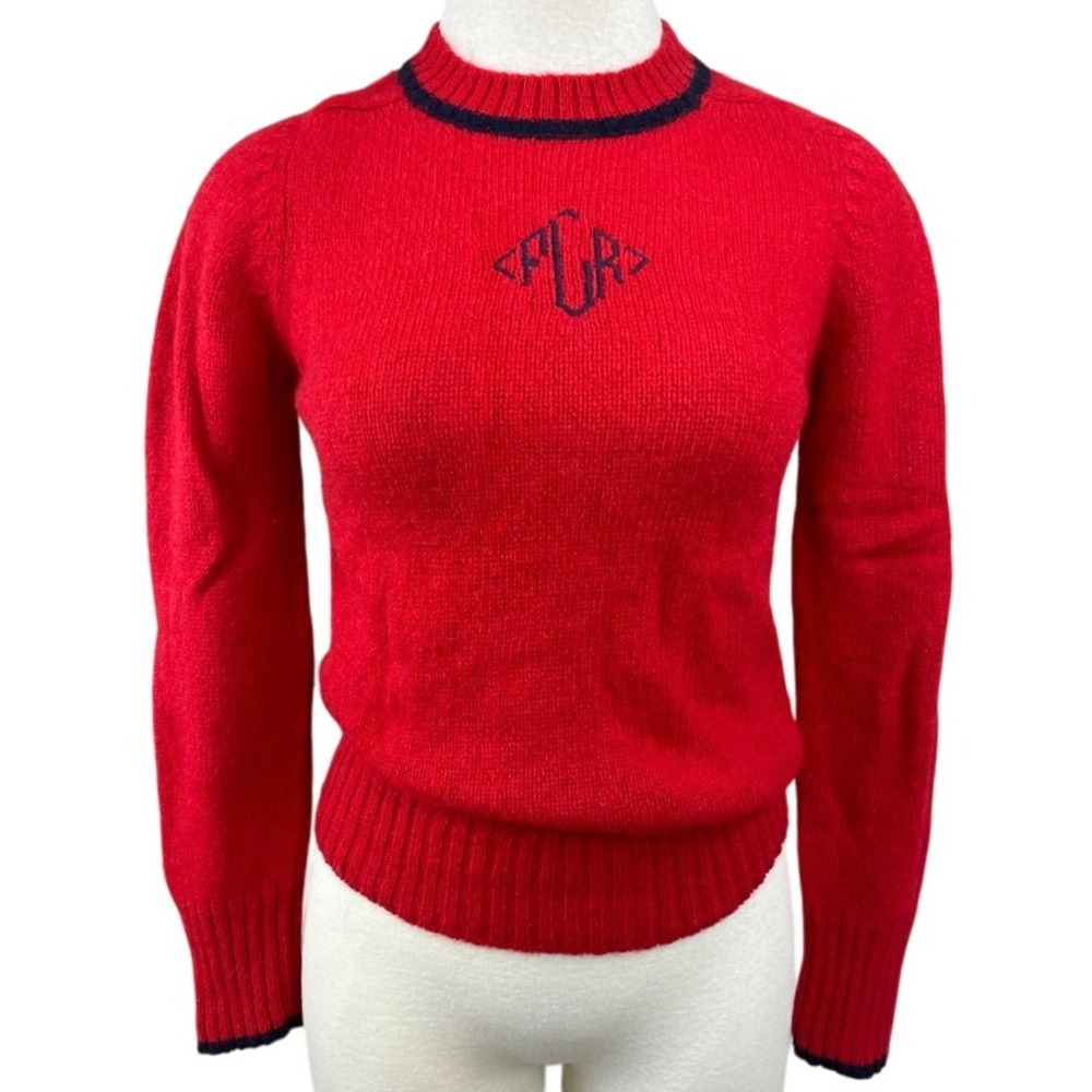 Vintage 80s Womens Sweater (S) HUNTERS RUN Wool Monogram‎ Norm Preppy Red Jumper